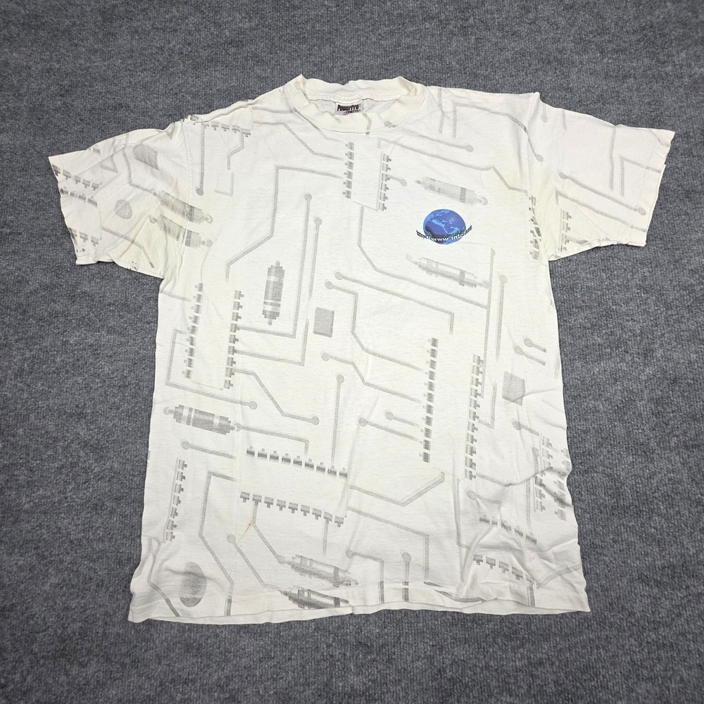 Vintage Intel Graphic T-Shirt Men's Large White AOP Double Sided Single Stitch